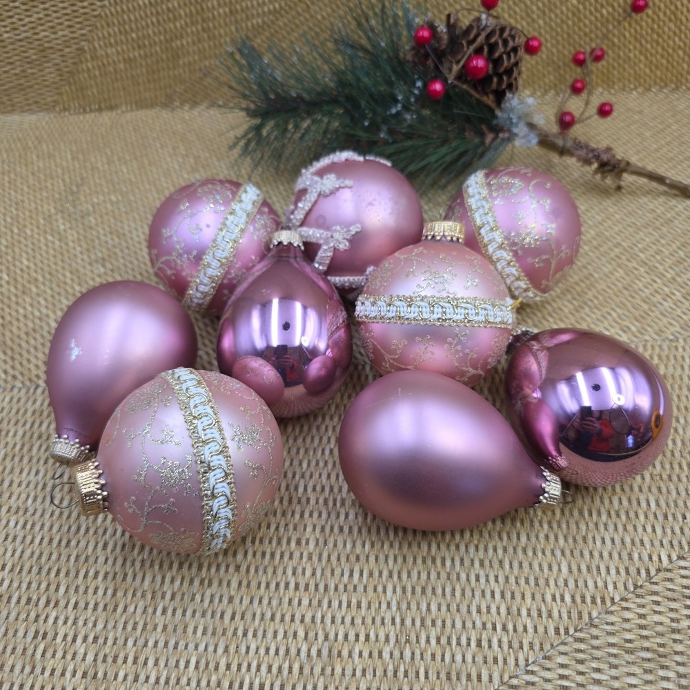 Vintage Krebs Germany Glass Ornaments Pink Mauve Mix Balls & Teardrops Lot of 9